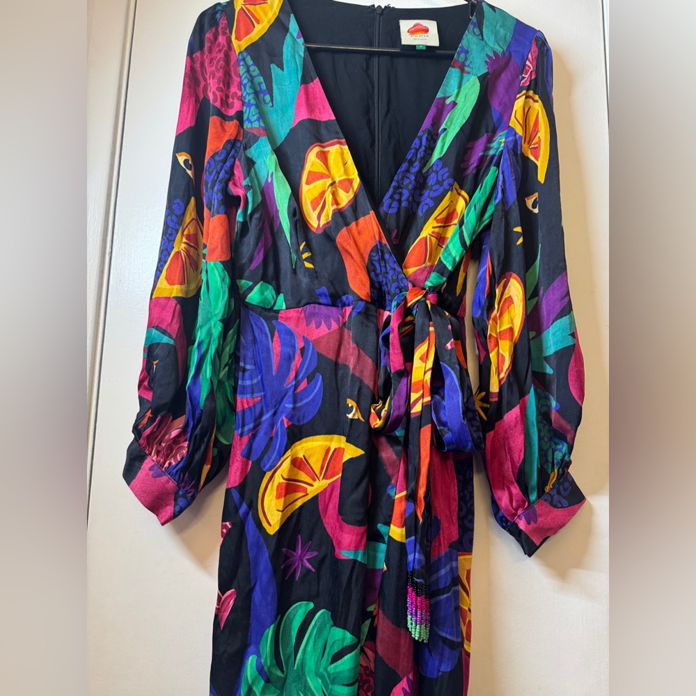 Farm Rio Mystic Jungle Fruit Tropical Boho Faux Wrap Black Jumpsuit Size Small - Picture 7 of 17